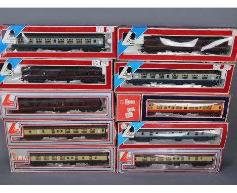 Lima - 10 x boxed 00 gauge railway carriages including # 305333W GWR Gaurd coach x 2, # 305657W LMS coaches x 3, # 305343 BR 
