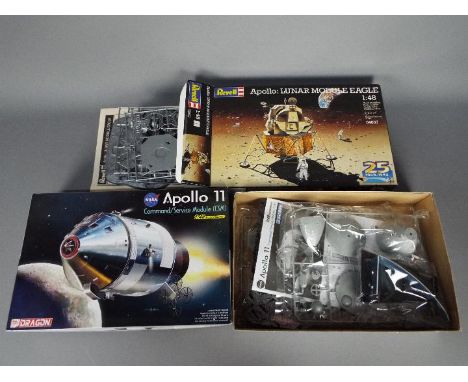 Dragon, Revell - Two boxed 1:48 scale space themed plastic model kits. Lot consists of Dragon #11007 Apollo 11 Command / Serv