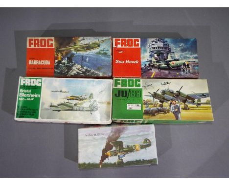 Frog, Other - Five boxed military aircraft plastic model kits in 1:72 scale. Lot includes Frog F328 Hawker Sea Hawk; F161 Fai