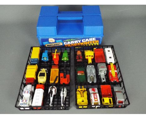 Matchbox - A 1980s Matchbox 24 x car Carry Box with 2 x trays and 24 x vehicles including Oldsmobile Aerotech, # 36 Refuse Tr