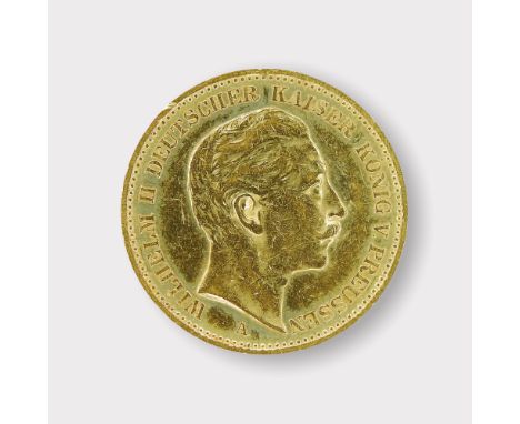 Goldmünze, Deutsches Reich 20 Mark Die Vorderseite ist mit dem Portrait von Wilhelm II. Deutscher Kaiser, König von Preussen 