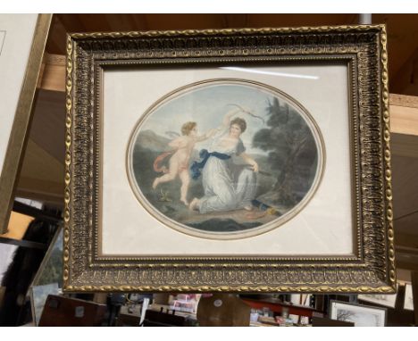 A GILT FRAMED PRINT OF A LADY AND CUPID 