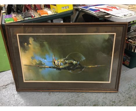 A LARGE FRAMED PRINT OF A SPITFIRE 110CM X 71CM 