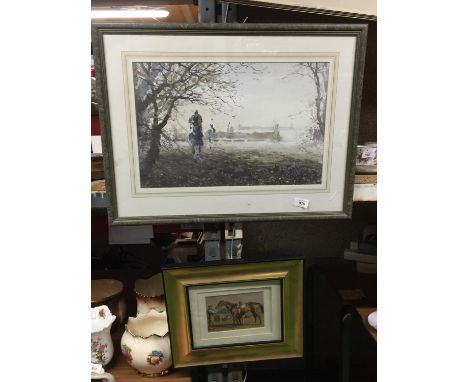 A FRAMED HORSE RACING PRINT BY ALWYN CRAWSHAW PLUS A PRINT OF A VINTAGE JOCKEY AND HORSE 