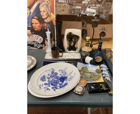 A QUANTITY OF ITEMS TO INCLUDE PLATTERS, VASES, CANDLESTICK, SERVING SET, ELEPHANTS, PIG, ETC 