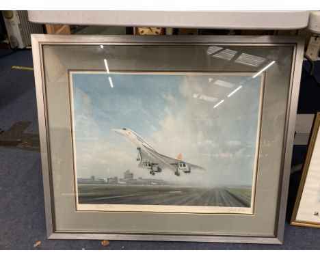 A LARGE FRAMED PRINT OF BRITISH AIRWAYS CONCORDE SIGNED GERALD COULSON 82.5CM X 69CM 