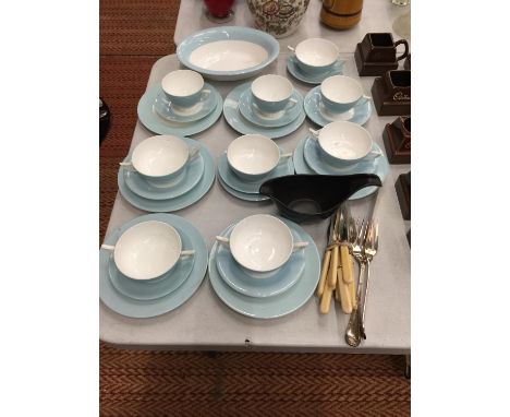 A QUANTITY OF BLUE AND WHITE CUPS, SAUCERS, PLATES, ETC PLUS A SMALL QUANTITY OF FLATWARE 