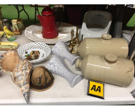 TWO VINTAGE STONEWARE HOT WATER BOTTLES, A SLIPPER BED PAN, BURLEIGH WARE SHELL, WALL POCKETS, ENAMEL COFFEE POT, BRASS BELLS
