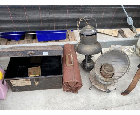 AN ASSORTMENT OF ITEMS TO INCLUDE A DEED TIN, A HEATER AND A LAMP ETC 