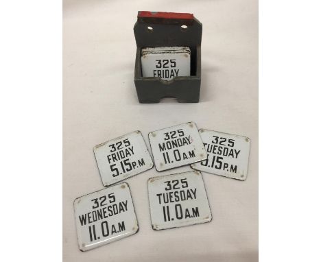 A VINTAGE SET OF ROYAL MAIL ENAMEL POST BOX TIME AND DAYS COLLECTION SIGNS FOR POSTBOX NUMBER 325 