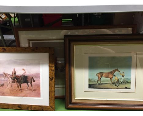 A LARGE FRAMED PRINT OF ARKLE, RED RUM AND DESERT ORCHID 83CM X 58CM, PLUS TWO OTHER FRAMED EQUINE PRINTS 