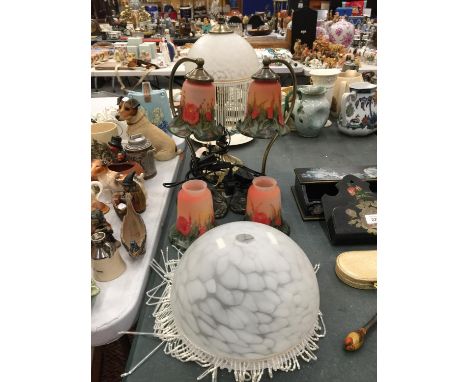 A PAIR OF ART NOUVEAU STYLE LAMPS WITH POPPY PATTERN SHADES HEIGHT APPROX 37CM WITH SPARE SHADES, PLUS A GLASS SHADED LAMP WI