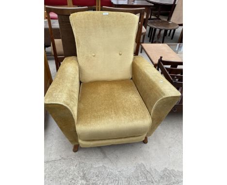 A MODERN SPRUNG AND UPHOLSTERED EASY CHAIR WITH BUTTON BACK 