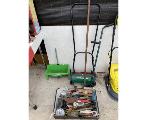 AN ASSORTMENT OF TOOLS TO INCLUDE A QUALCAST PANTHER, TROWELS AND SCREW DRIVERS ETC 