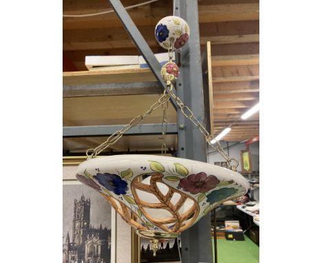A CERAMIC FLORAL CEILING LIGHT WITH CERAMIC BUBLES TO THE TOP, DROP APPROX 66CM 