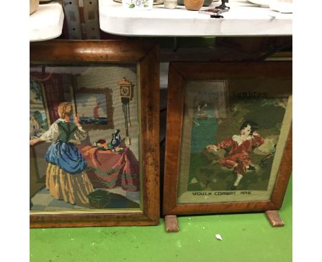 A FIRESCREEN CONTAINING A WOOLWORK TAPESTRY PLUS A WALL HANGING FRAMED WOOLWORK TAPESTRY 