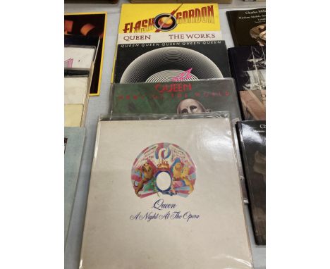 SIX VINTAGE QUEEN 33RPM LP VINYL RECORDS, A NIGHT AT THE OPERA, A DAY AT THE RACES, NEWS OF THE WORLD, JAZZ, THE WORKS AND FL