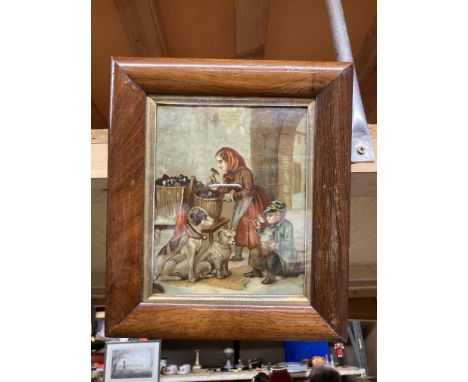 A VINTAGE FRAMED PRINT OF A MOTHER AND CHILD WITH DOGS 