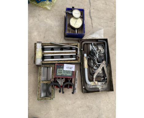 AN ASSORTMENT OF ENGINEERS TOOLS TO INCLUDE VEE BLOCKS AND CLAMPS, ALAN KEYS AND MEASURING GUAGES -ALL PROCEEDS TO FRANCIS HO