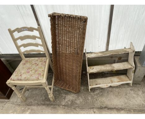 A WICKER BAGUETTE TRAY, PAINTED DINING CHAIR AND WALL SHELF 