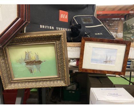 A GILT FRAMED PAINTING ON GLASS OF A SAILING BOAT 28CM X 24 CM PLUS A FRAMED PRINT OF YACHTS 