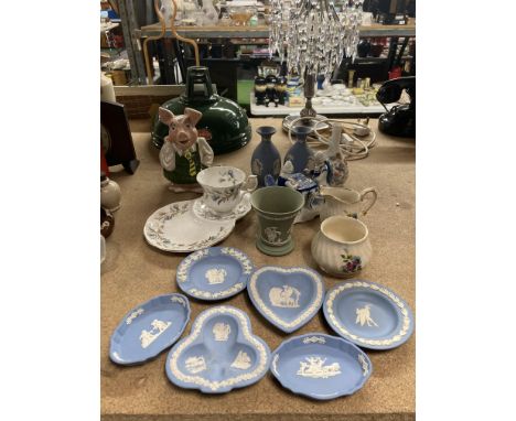 A QUANTITY OF WEDGWOOD JASPERWARE TO INCLUDE PIN TRAYS, PLUS A ROYAL ALBERT 'BRIGADOON' PLATE AND CUP SET, A WADE NAT WEST PI