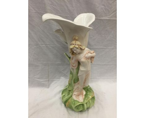 A LARGE ART NOUVEAU STYLE ITALIAN MADE CERAMIC VASE WITH LEAF DESIGN AND A FIGURE OF A LADY  H: 62CM 