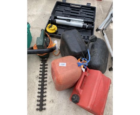AN ASSORTMENT OF TOOLS TO INCLUDE A LASER LEVEL(INCOMPLETE) AN ELECTRIC HEDGE TRIMMER AND FUEL CANS ETC 
