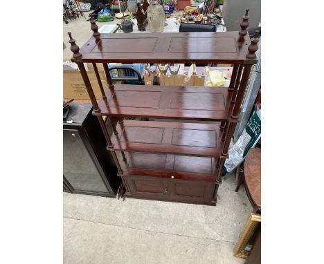 20TH CENTURY HARDWOOD CAMPAIGN STYLE OPEN BOOKSHELVES WITH TURNED COLUMNS AND FINIALS, HAVING TWO DOORS TO THE BASE, N.B. THI