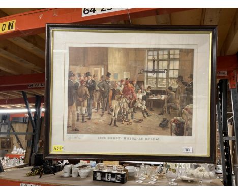 A FRAMED PRINT '1893 DERBY: WEIGH-IN EPSOM' LIMITED EDITION 8/850 SIGNED 