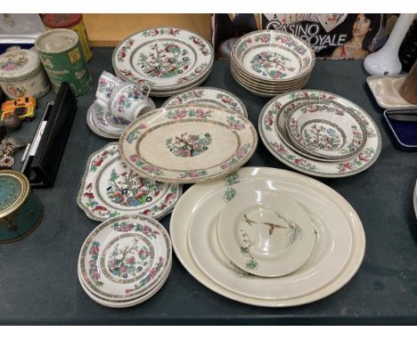 A QUANTITY OF 'INDIAN TREE' DINNERWARE TO INCLUDE PLATES, CUPS, SAUCERS, BOWLS PLUS THREE ROYAL DOULTON 'THE COPPICE' PLATES 