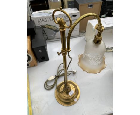 A CHRISTOPHER WRAY STYLE ADJUSTABLE BRASS DESK LAMP WITH GLASS SHADE BELIEVED IN WORKING ORDER BUT NO WARRANTY 