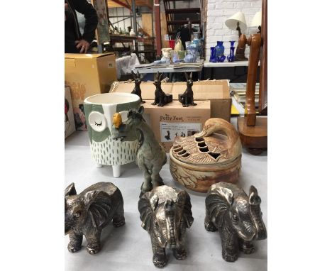 TWO SETS OF PLANT POT FEET - ELEPHANTS AND RABBITS - AN OWL PLANTER, COMICAL HORSE ORNAMENT AND A STONE SWAN LIDDED BOWL 