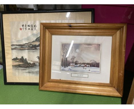 A FRAMED JAPENESE SILK AND A FRAMED  PRINT OF A WATERCOLOUR OF A WINTER SCENE 'WINTER MORNING' BY HUGH BRANDON COX 