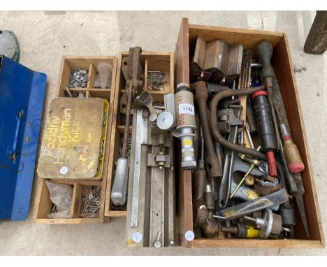 A LARGE ASSORTMENT OF TOOLS TO INCLUDE A METAL CUTTER, A MICROSCOPE AND FILES ETC 