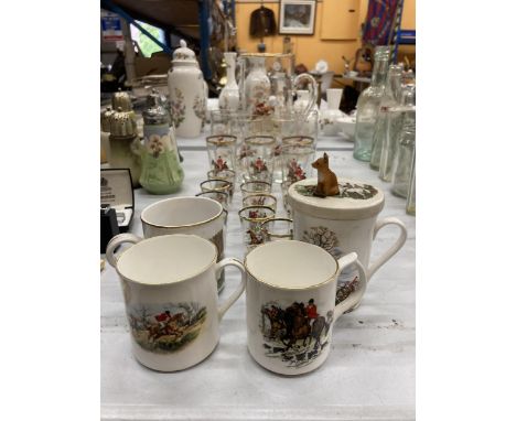 A COLLECTION OF HUNTING SCENE GLASSES, A PITCHER AND HUNTING SCENE CUPS 