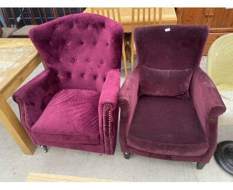 A PURPLE BUTTON-BACK EASY CHAIR AND ONE OTHER 