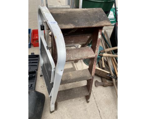 TWO SMALL STEP LADDERS AND AN ABRU CONVERTIBLE ALUMINIUM STEP LADDER 