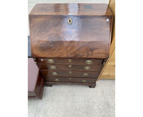 A GEORGE III MAHOGANY BUREAU, 29" WIDE, WITH STEPPED FITTED INTERIOR, ENCLOSING FOUR GRADUATED DRAWERS, ON BRACKET FEET 