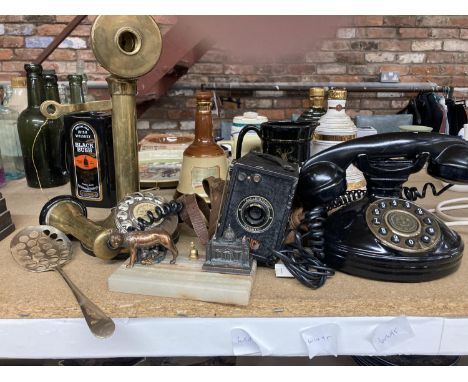 A VINTAGE BRASS CANDLESTICK TELEPHONE, VINTAGE STYLE TELEPHONE WITH PUSH BUTTONS, ENSIGN 'ALL DISTANCE TWENTY' CAMERA, ETC 