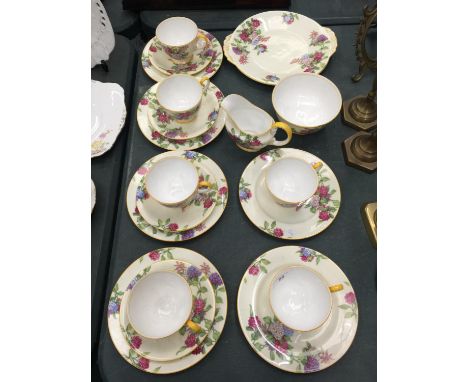 A QUANTITY OF VINTAGE AYNSLEY CHINA CUPS, SAUCERS, PLATES SUGAR BOWL AND CREAM JUG IN A HYDRANGA PATTERN 