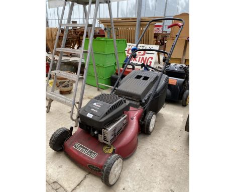 A MOUNTFIELD 17" PETROL LAWN MOWER WITH BRIGGS AND STRATTON ENGINE AND GRASS BOX 