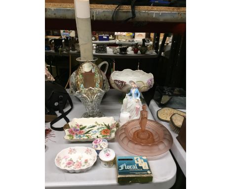 A QUANTITY OF ITEMS TO INCLUDE A LARGE POTTERY JUG, FLORAL FOOTED BOWL, CUT GLASS VASE, MIRROR, CHINA FIGURE, BELL, TRINKET B