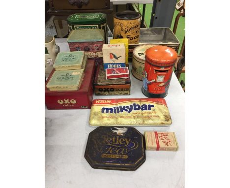 A QUANTITY OF VINTAGE TINS TO INCLUDE OXO CUBES, TEA TINS, QUALITY STREET, ETC 