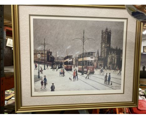 AN ARTHUR DELANEY LIMITED EDITION 733/850 PRINT OF A STREET SCENE WITH TRAMS 62CM X 53CM 