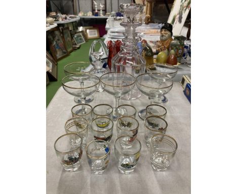 FIVE VINTAGE BABYCHAM GLASSES, TWELVE SHOT GLASSES, DECANTER, ETC 