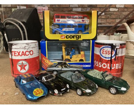 TWO BOXED CORGI MODELS - A FORKLIFT TRUCK AND A BUS, A TEXACO AND ESSO MUG PLUS FIVE DIECAST CARS 