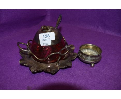 A vintage coloured glass and metal apple shaped preserve jar and small pinch pot.