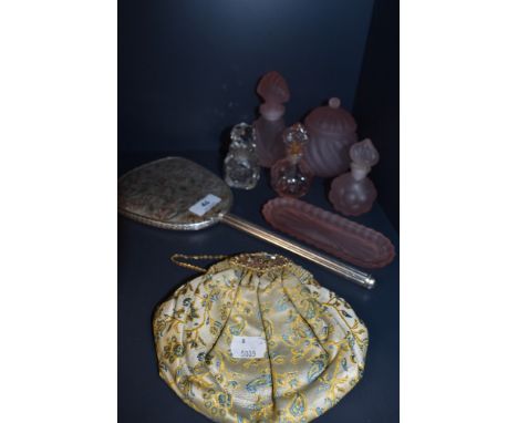 A mixed lot of vintage glass perfume bottles and dressing table items and an antique evening bag,possibly silk or silk blend 