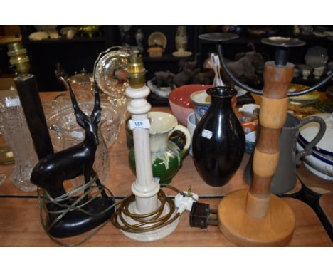 Three wooden lamps including one with Gazelle or similar to base.cable removed from deer lamp.